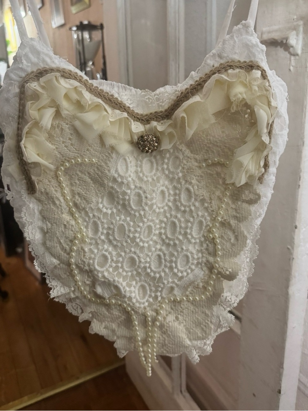 Custom/upcycled vintage Lace & Ruffle Ivory Heart Corset